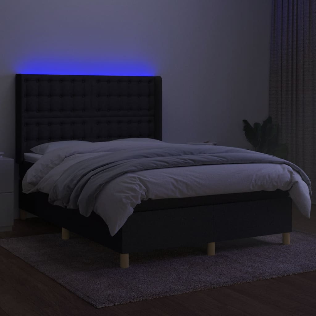 vidaXL Κρεβάτι Boxspring με Στρώμα & LED Μαύρο 140x190 εκ. Υφασμάτινο