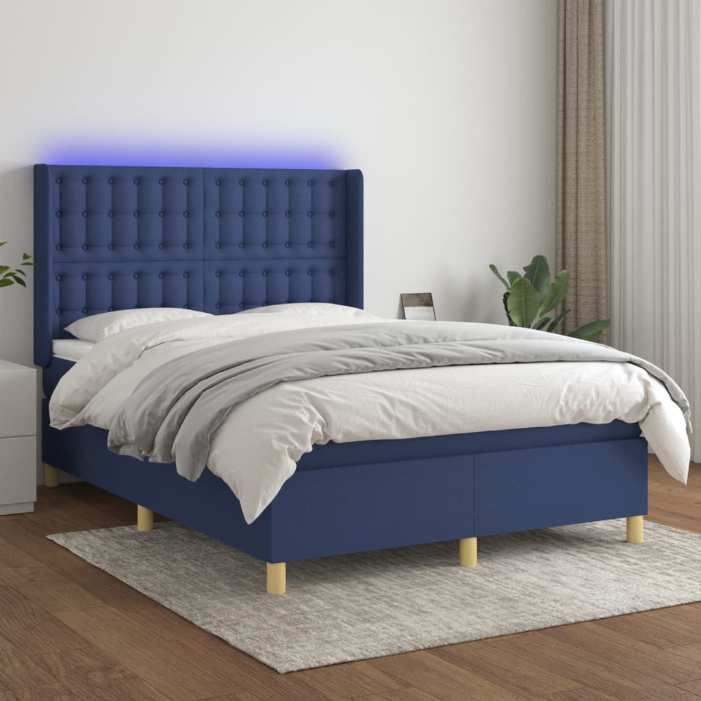 vidaXL Κρεβάτι Boxspring με Στρώμα & LED Μπλε 140x190 εκ. Υφασμάτινο