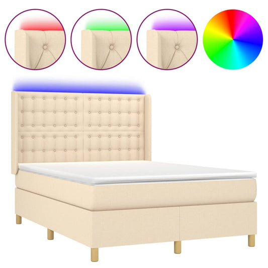 vidaXL Κρεβάτι Boxspring με Στρώμα & LED Κρεμ 140x200 εκ. Υφασμάτινο