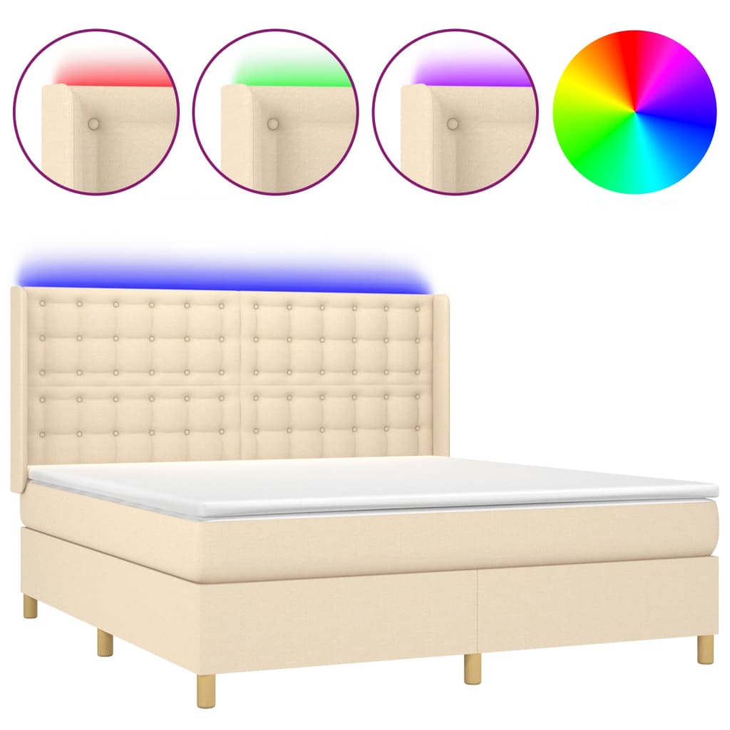 vidaXL Κρεβάτι Boxspring με Στρώμα & LED Κρεμ 180x200 εκ. Υφασμάτινο