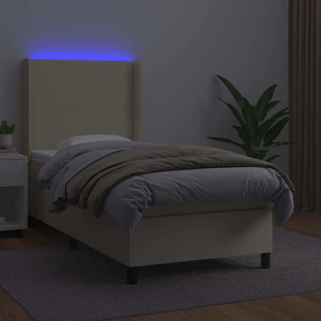 vidaXL Κρεβάτι Boxspring με Στρώμα & LED Κρεμ 90x190 εκ. Συνθ. Δέρμα
