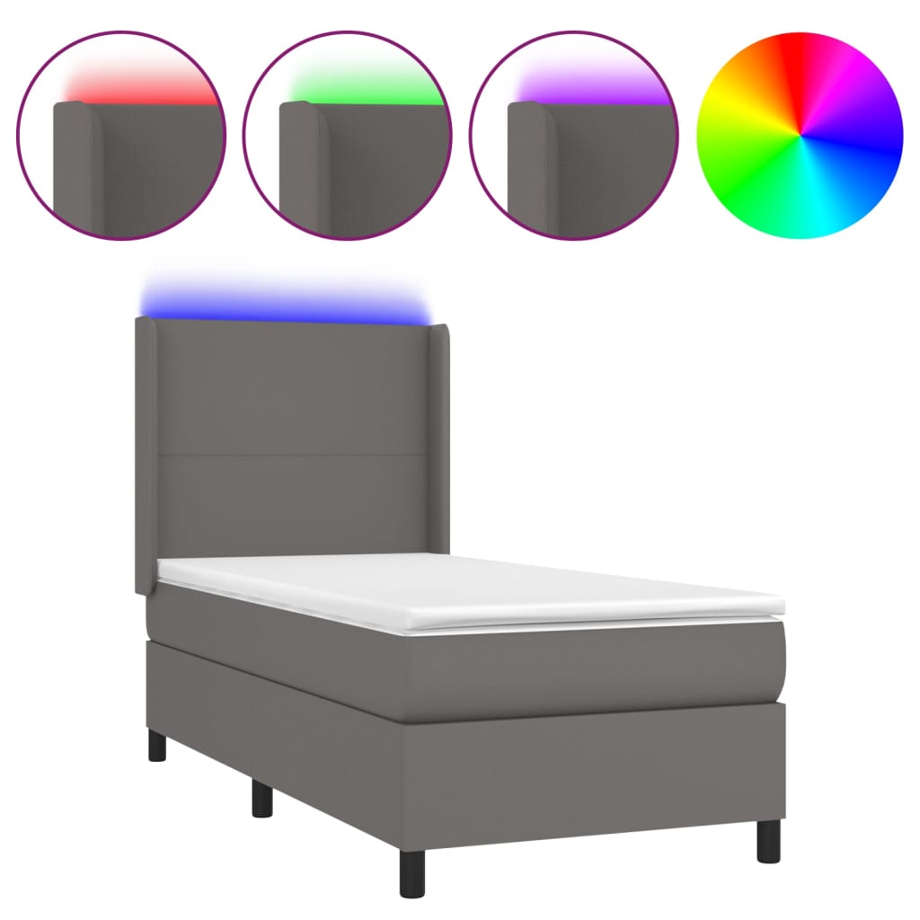 vidaXL Κρεβάτι Boxspring με Στρώμα & LED Γκρι 90x190 εκ. Συνθ. Δέρμα