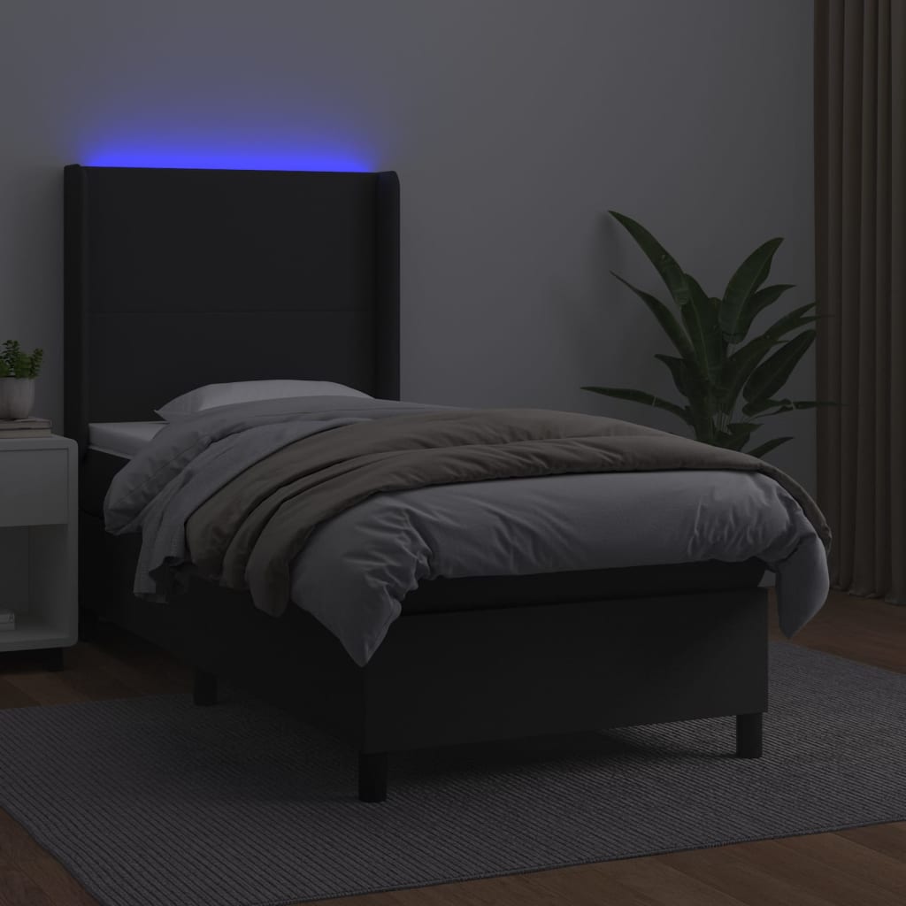 vidaXL Κρεβάτι Boxspring με Στρώμα & LED Μαύρο 90x200 εκ. Συνθ. Δέρμα