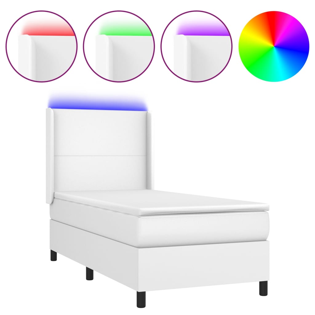 vidaXL Κρεβάτι Boxspring με Στρώμα & LED Λευκό 90x200 εκ. Συνθ. Δέρμα