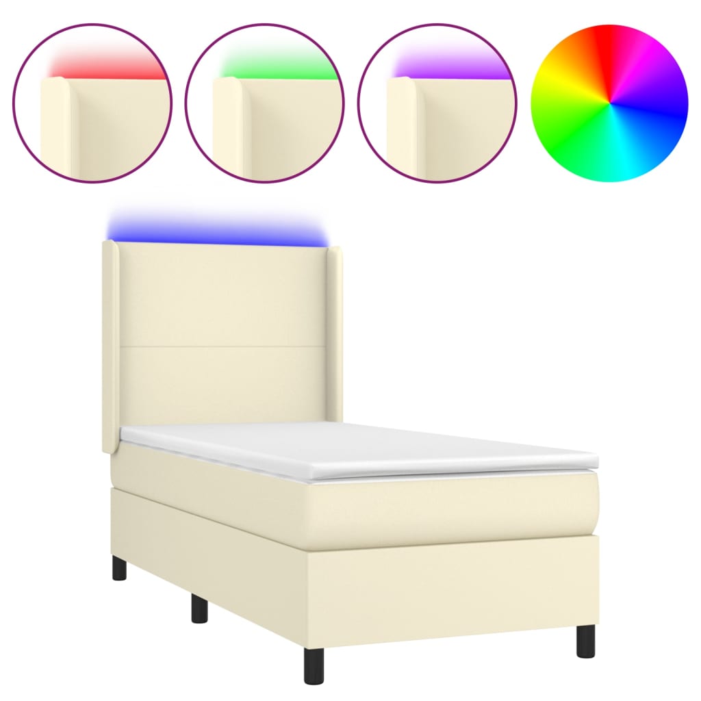 vidaXL Κρεβάτι Boxspring με Στρώμα & LED Κρεμ 100x200 εκ. Συνθ. Δέρμα