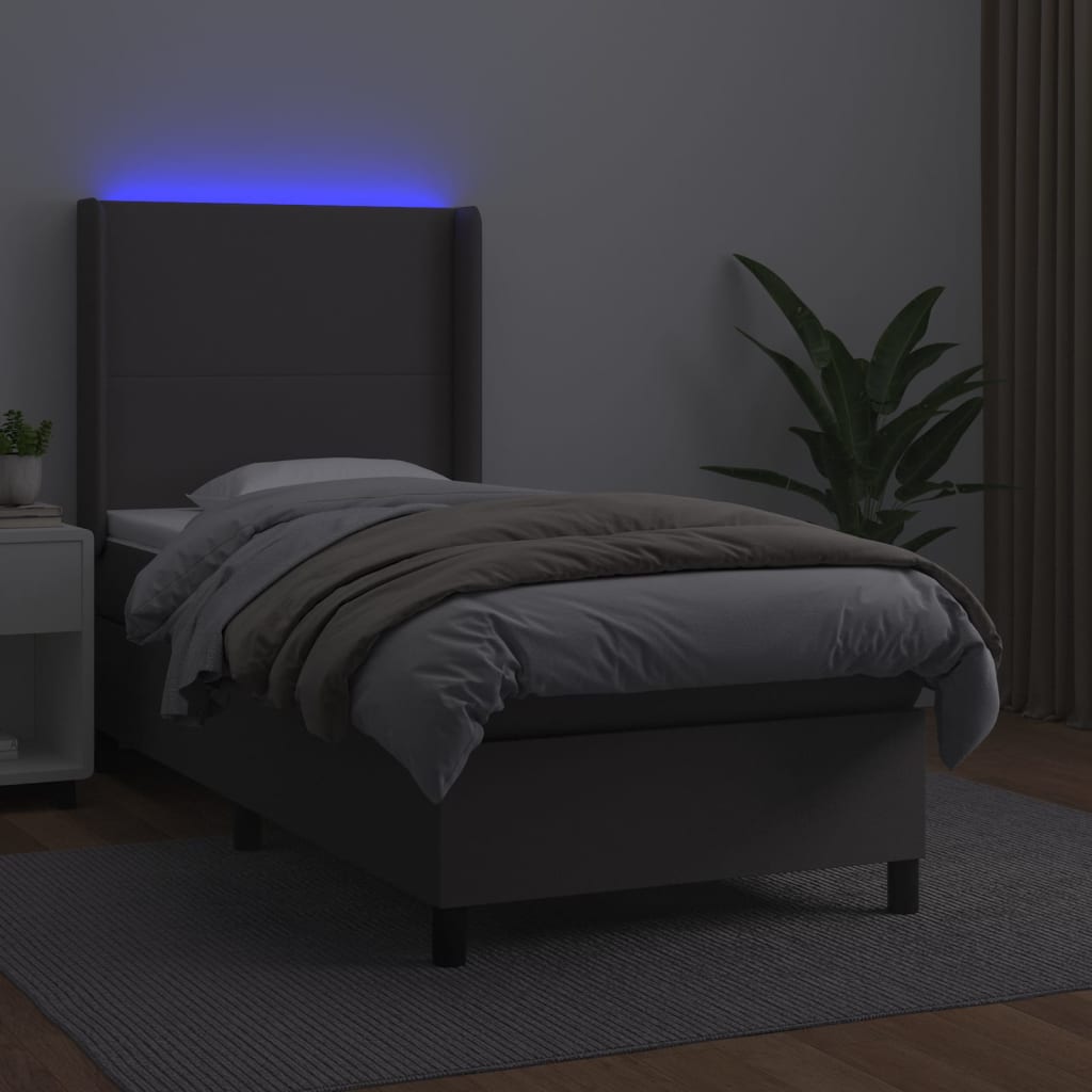 vidaXL Κρεβάτι Boxspring με Στρώμα & LED Γκρι 100x200 εκ. Συνθ. Δέρμα
