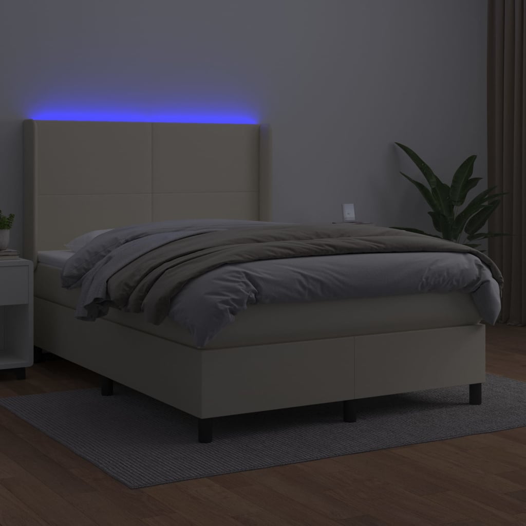 vidaXL Κρεβάτι Boxspring με Στρώμα & LED Κρεμ 140x190 εκ. Συνθ. Δέρμα