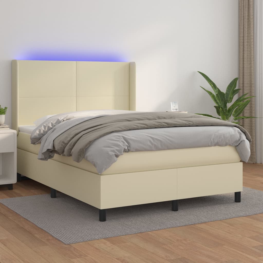 vidaXL Κρεβάτι Boxspring με Στρώμα & LED Κρεμ 140x190 εκ. Συνθ. Δέρμα