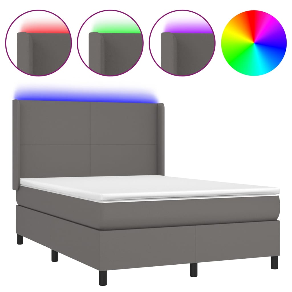 vidaXL Κρεβάτι Boxspring με Στρώμα & LED Γκρι 140x190 εκ. Συνθ. Δέρμα