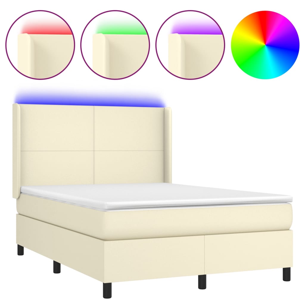 vidaXL Κρεβάτι Boxspring με Στρώμα & LED Κρεμ 140x200 εκ. Συνθ. Δέρμα