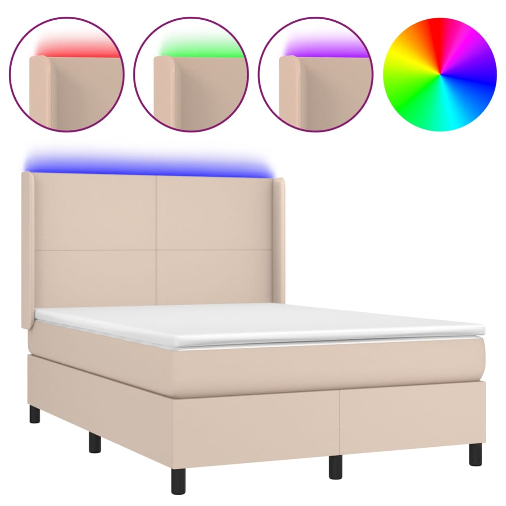 vidaXL Κρεβάτι Boxspring Στρώμα&LED Καπουτσίνο 140x200 εκ. Συνθ. Δέρμα