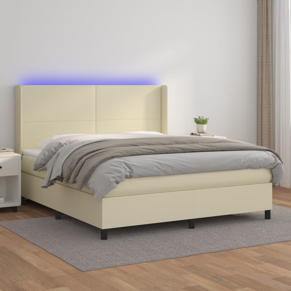 vidaXL Κρεβάτι Boxspring με Στρώμα & LED Κρεμ 180x200 εκ. Συνθ. Δέρμα