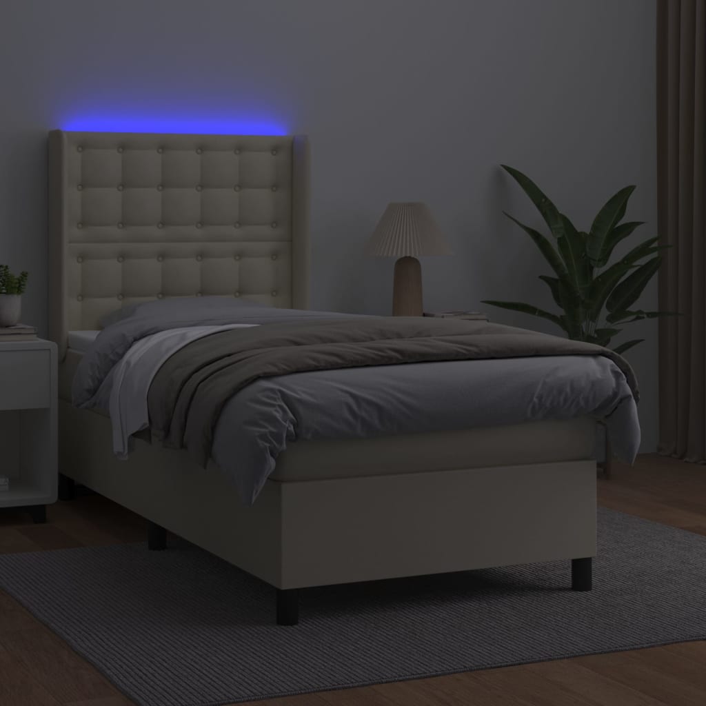vidaXL Κρεβάτι Boxspring με Στρώμα & LED Κρεμ 90x190 εκ. Συνθ. Δέρμα