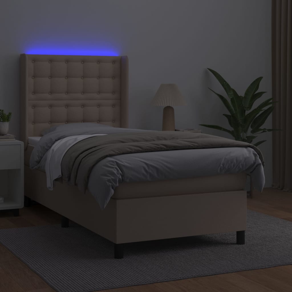 vidaXL Κρεβάτι Boxspring Στρώμα&LED Καπουτσίνο 90x190 εκ. Συνθ. Δέρμα