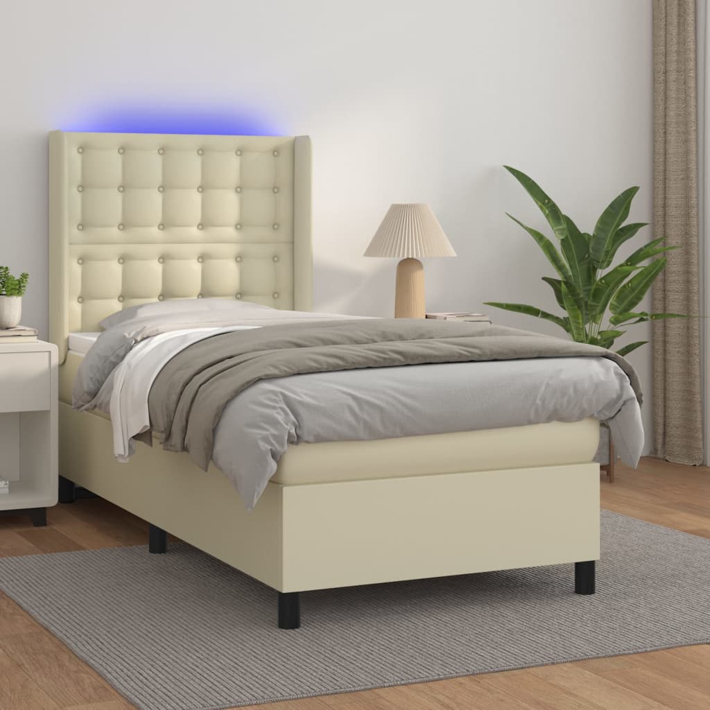 vidaXL Κρεβάτι Boxspring με Στρώμα & LED Κρεμ 90x200 εκ. Συνθ. Δέρμα