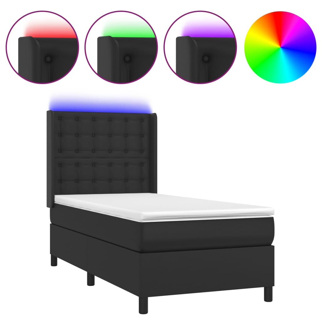 vidaXL Κρεβάτι Boxspring με Στρώμα & LED Μαύρο 100x200 εκ. Συνθ. Δέρμα