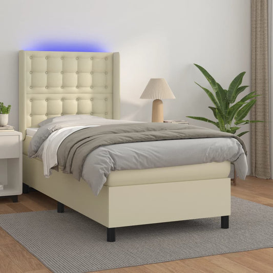 vidaXL Κρεβάτι Boxspring με Στρώμα & LED Κρεμ 100x200 εκ. Συνθ. Δέρμα