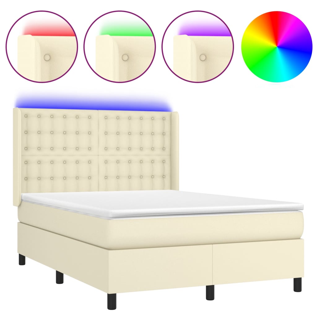vidaXL Κρεβάτι Boxspring με Στρώμα & LED Κρεμ 140x190 εκ. Συνθ. Δέρμα