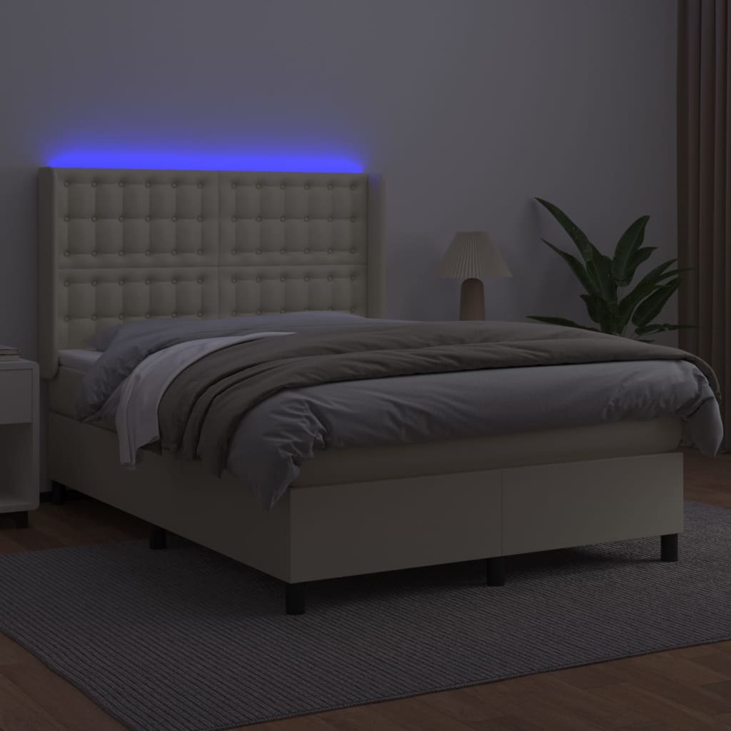 vidaXL Κρεβάτι Boxspring με Στρώμα & LED Κρεμ 140x200 εκ. Συνθ. Δέρμα