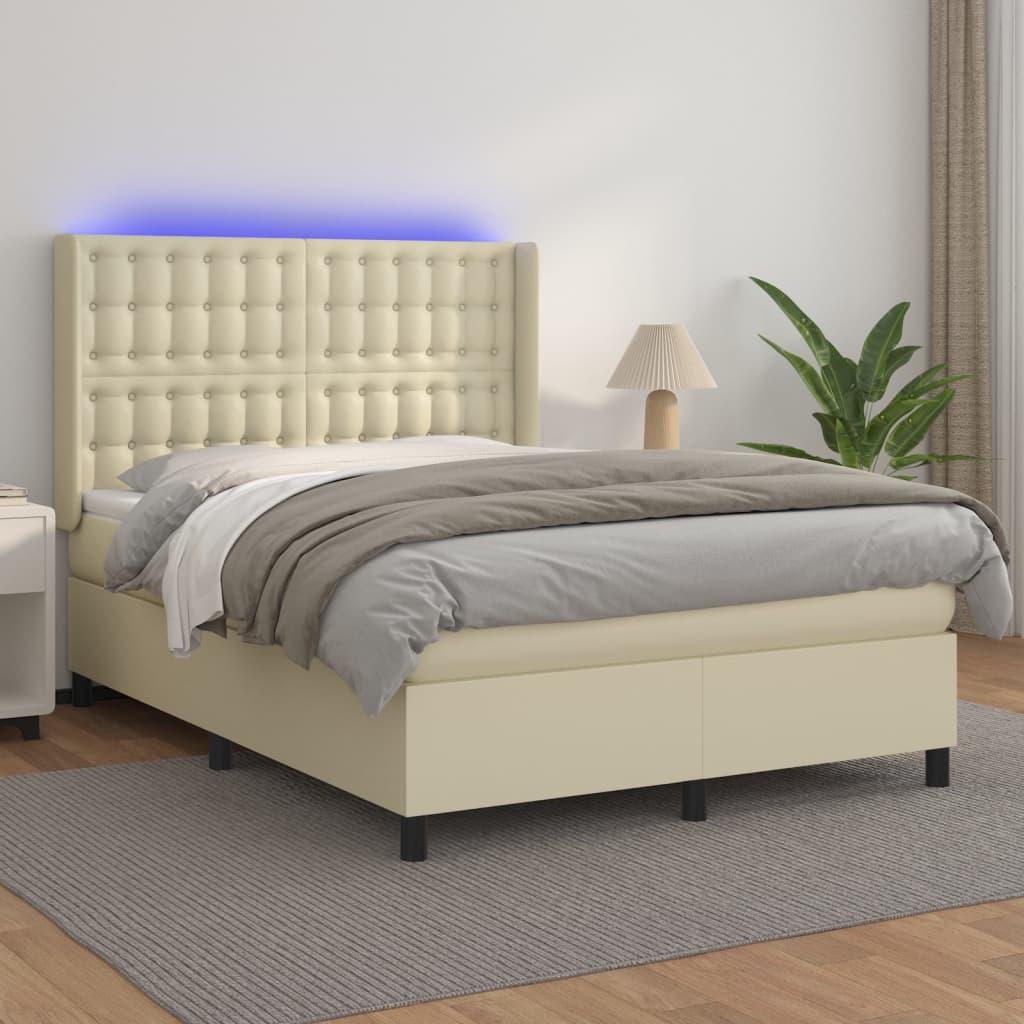 vidaXL Κρεβάτι Boxspring με Στρώμα & LED Κρεμ 140x200 εκ. Συνθ. Δέρμα
