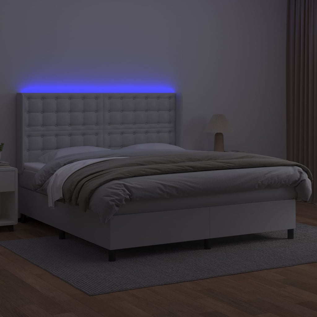 vidaXL Κρεβάτι Boxspring με Στρώμα & LED Λευκό 160x200 εκ. Συνθ. Δέρμα