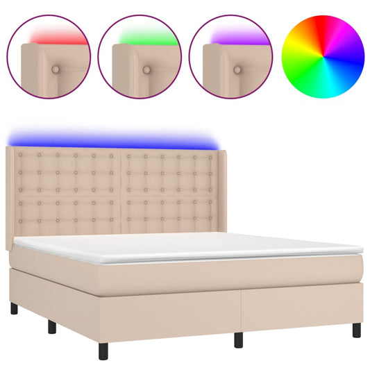 vidaXL Κρεβάτι Boxspring Στρώμα&LED Καπουτσίνο 160x200 εκ. Συνθ. Δέρμα