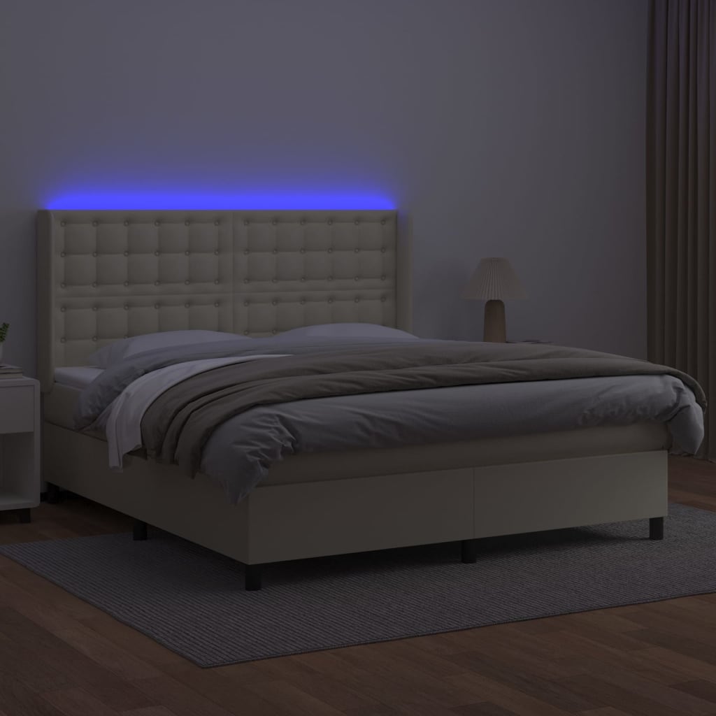 vidaXL Κρεβάτι Boxspring με Στρώμα & LED Κρεμ 180x200 εκ. Συνθ. Δέρμα