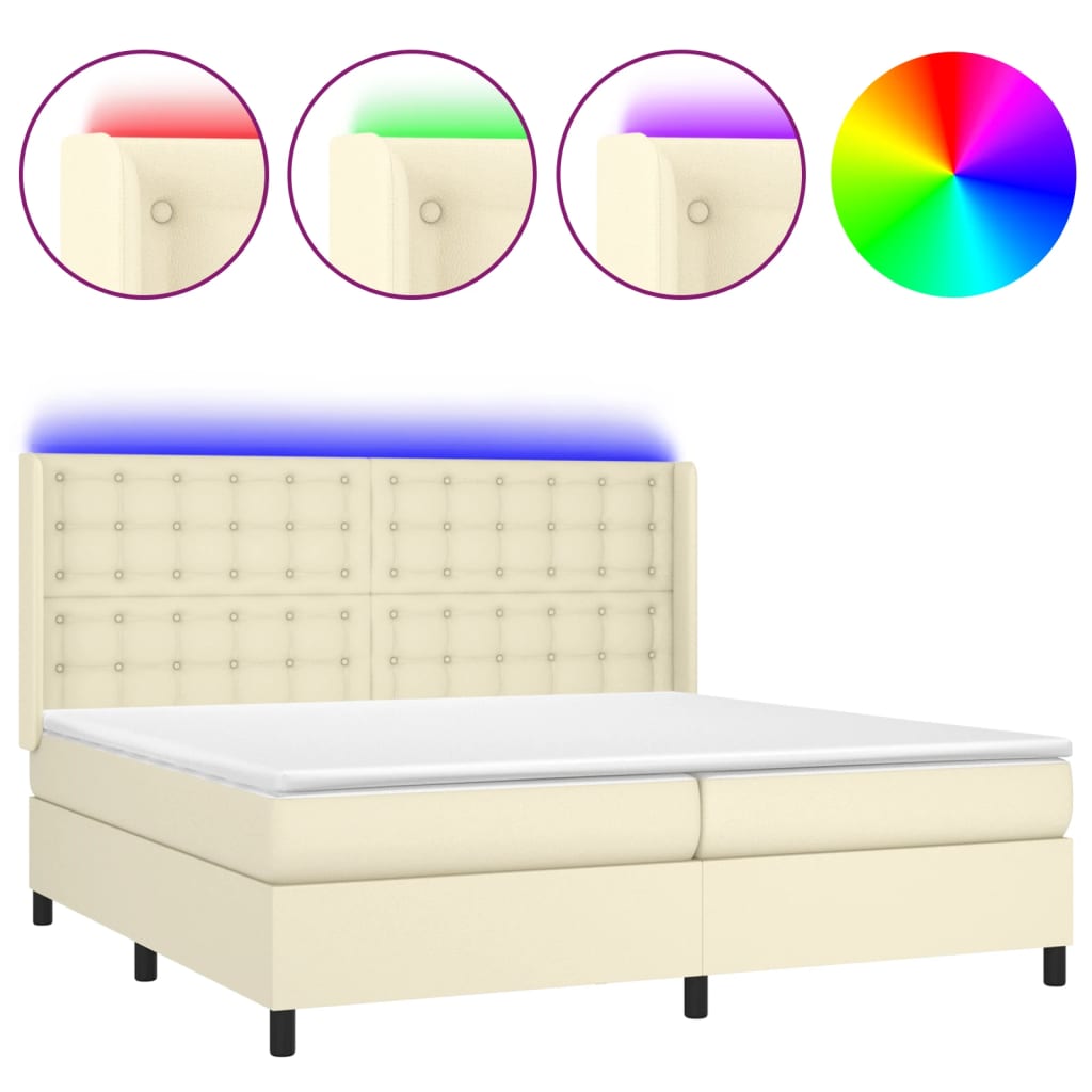 vidaXL Κρεβάτι Boxspring με Στρώμα & LED Κρεμ 200x200 εκ. Συνθ. Δέρμα