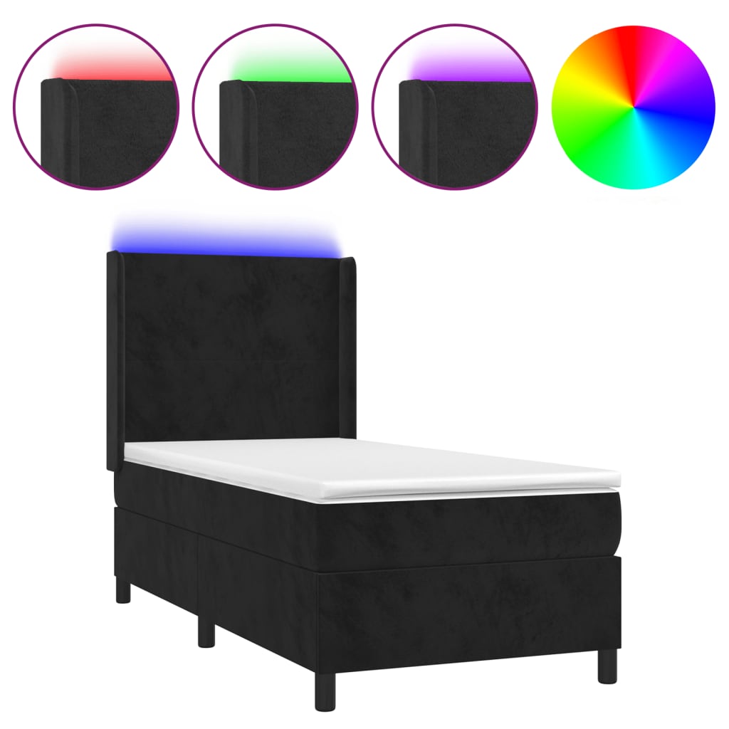 vidaXL Κρεβάτι Boxspring με Στρώμα & LED Μαύρο 80x200 εκ. Βελούδινο