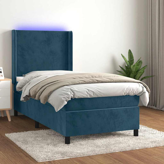 vidaXL Κρεβάτι Boxspring με Στρώμα & LED Σκ. Μπλε 80x200 εκ. Βελούδινο