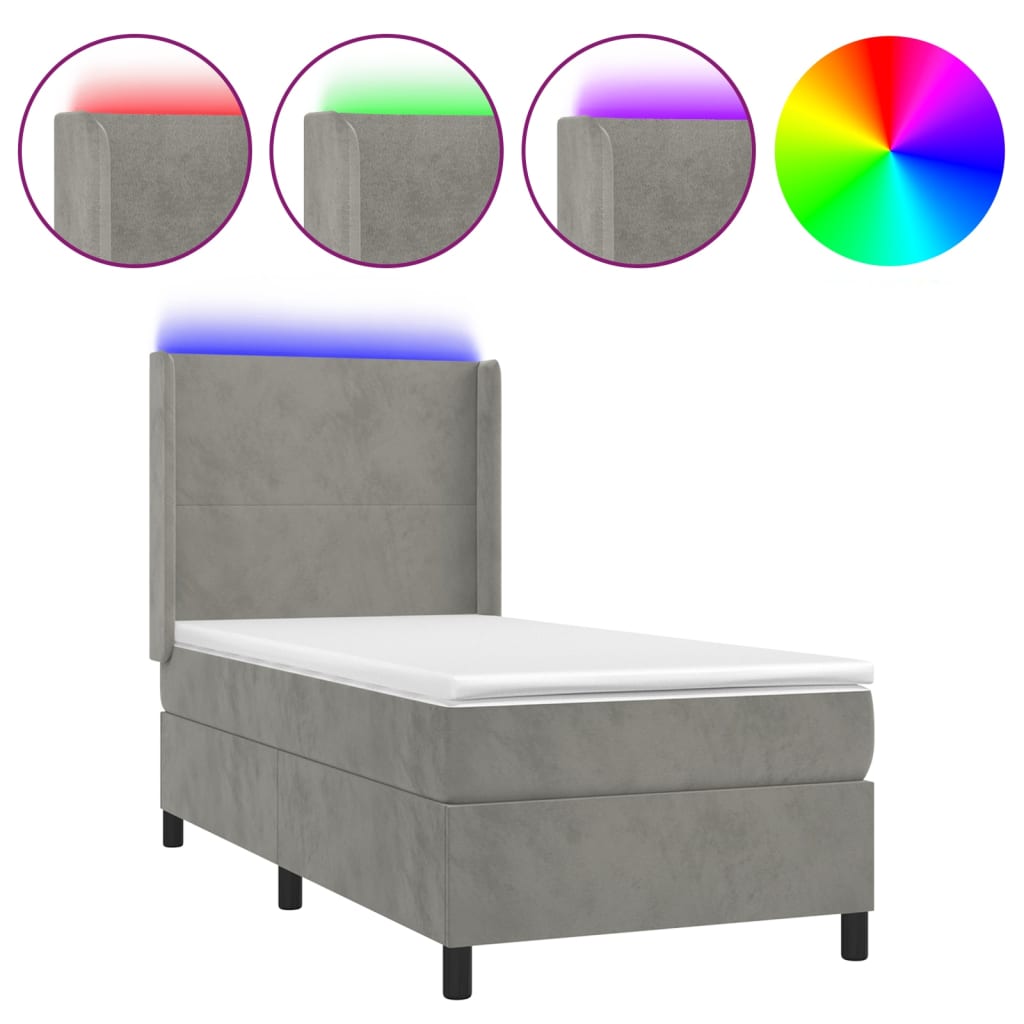 vidaXL Κρεβάτι Boxspring με Στρώμα & LED Αν.Γκρι 90x190 εκ. Βελούδινο