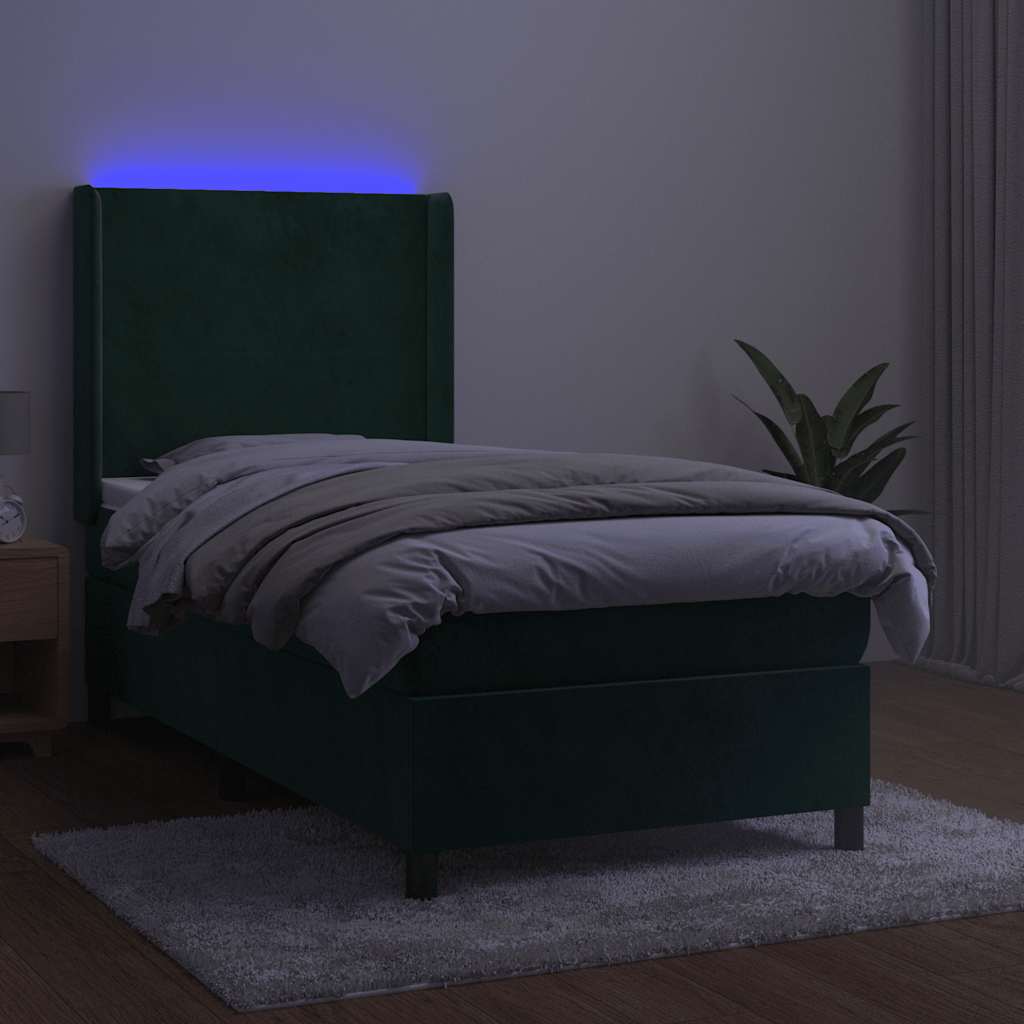 vidaXL Κρεβάτι Boxspring με Στρώμα & LED Σκ. Πράσινο 90x190 εκ Βελούδο