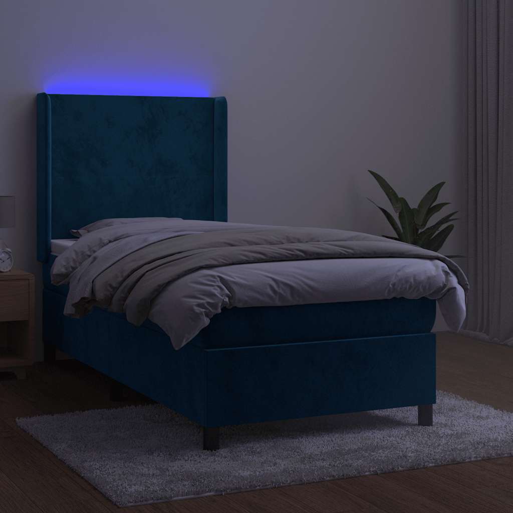 vidaXL Κρεβάτι Boxspring με Στρώμα & LED Σκ. Μπλε 90x190 εκ. Βελούδινο