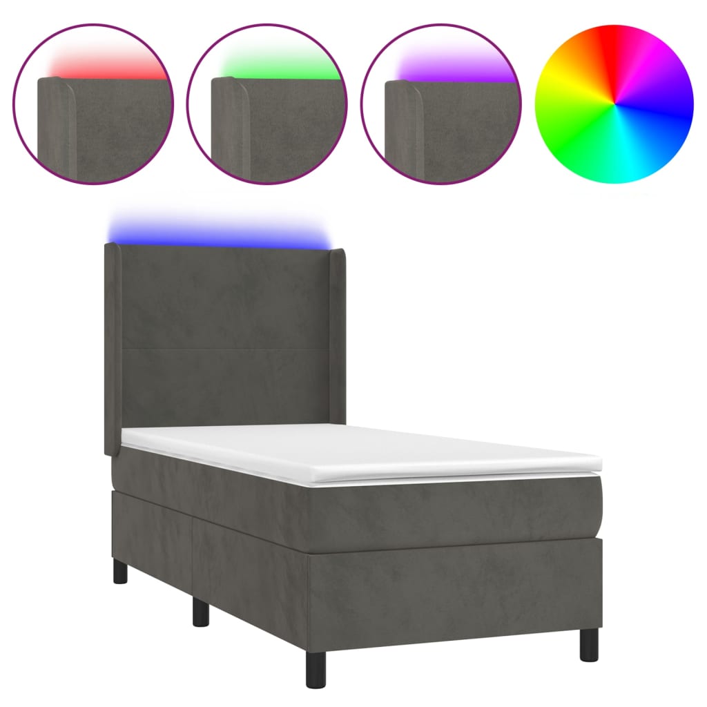 vidaXL Κρεβάτι Boxspring με Στρώμα & LED Σκ. Γκρι 90x200 εκ. Βελούδινο