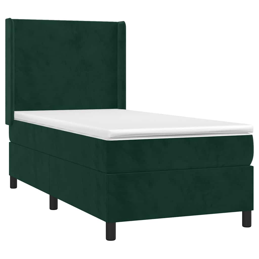vidaXL Κρεβάτι Boxspring με Στρώμα & LED Σκ. Πράσινο 90x200 εκ Βελούδο