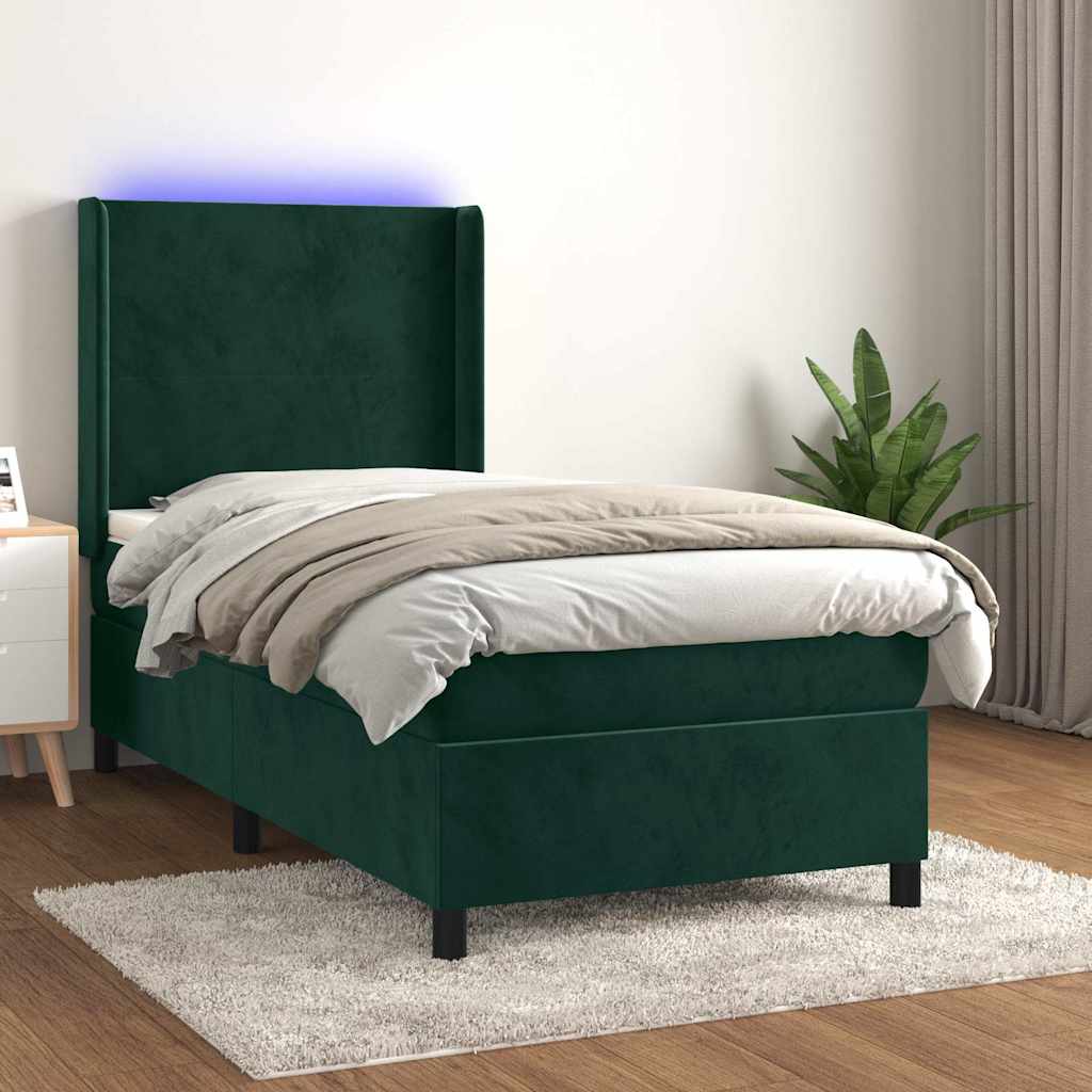 vidaXL Κρεβάτι Boxspring με Στρώμα & LED Σκ. Πράσινο 100x200εκ Βελούδο