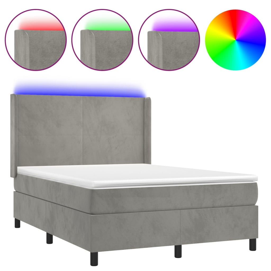 vidaXL Κρεβάτι Boxspring με Στρώμα&LED Αν. Γκρι 140x190 εκ. Βελούδινο