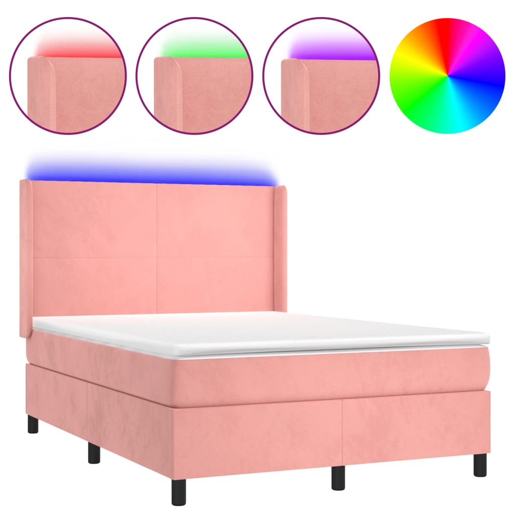 vidaXL Κρεβάτι Boxspring με Στρώμα & LED Ροζ 140x190 εκ. Βελούδινο