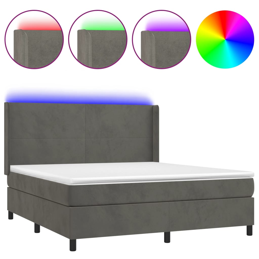 vidaXL Κρεβάτι Boxspring με Στρώμα & LED Σκ. Γκρι 160x200εκ. Βελούδινο