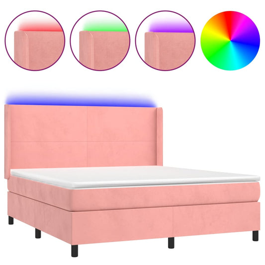 vidaXL Κρεβάτι Boxspring με Στρώμα & LED Ροζ 160x200 εκ. Βελούδινο