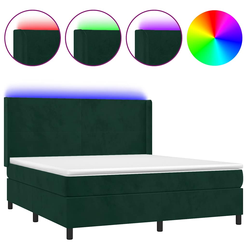 vidaXL Κρεβάτι Boxspring με Στρώμα & LED Σκ. Πράσινο 180x200εκ Βελούδο