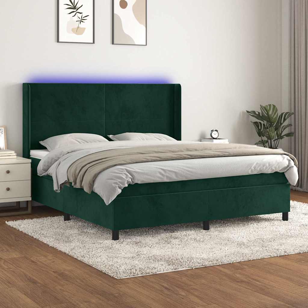 vidaXL Κρεβάτι Boxspring με Στρώμα & LED Σκ. Πράσινο 180x200εκ Βελούδο