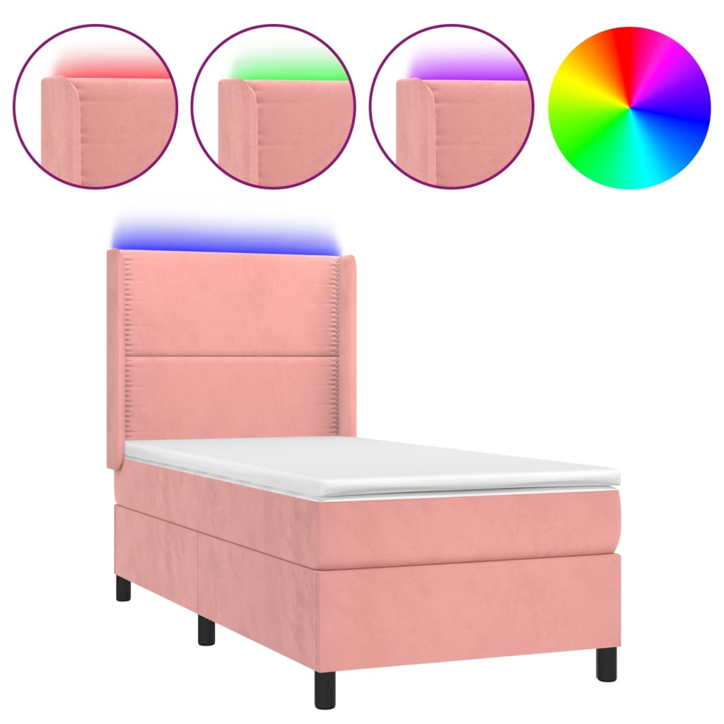 vidaXL Κρεβάτι Boxspring με Στρώμα & LED Ροζ 80 x 200 εκ. Βελούδινο