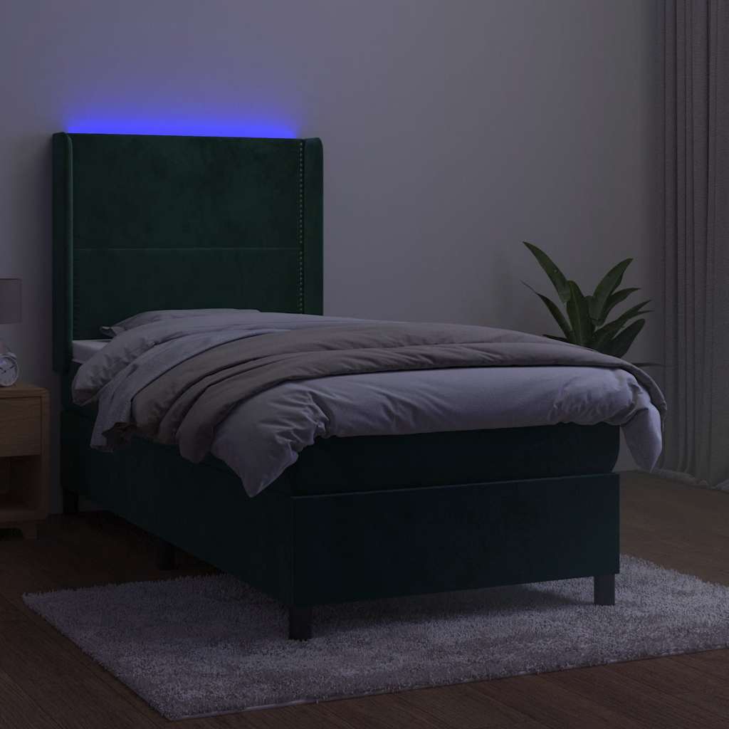 vidaXL Κρεβάτι Boxspring με Στρώμα & LED Σκ. Πράσινο 90x200 εκ Βελούδο