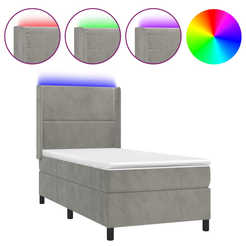 vidaXL Κρεβάτι Boxspring με Στρώμα & LED Αν.Γκρι 100x200 εκ. Βελούδινο