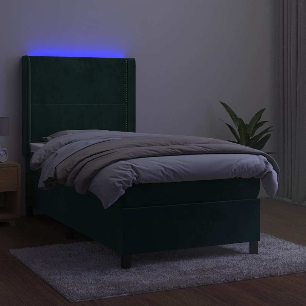 vidaXL Κρεβάτι Boxspring με Στρώμα & LED Σκ. Πράσινο 100x200εκ Βελούδο