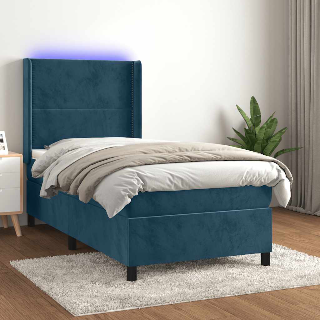 vidaXL Κρεβάτι Boxspring με Στρώμα & LED Σκ. Μπλε 100x200εκ. Βελούδινο