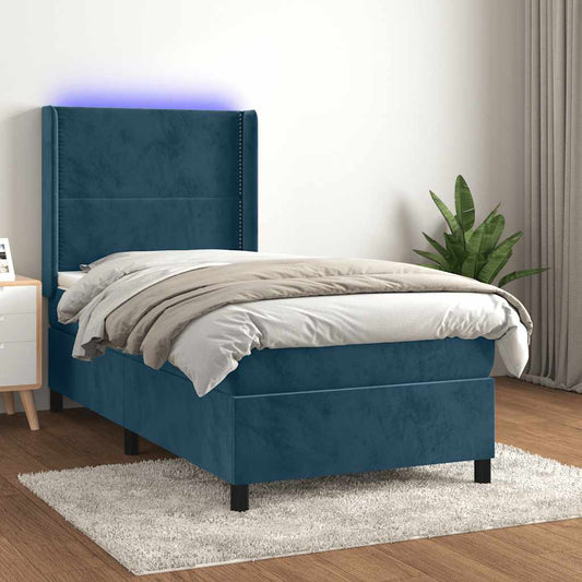 vidaXL Κρεβάτι Boxspring με Στρώμα & LED Σκ. Μπλε 100x200εκ. Βελούδινο