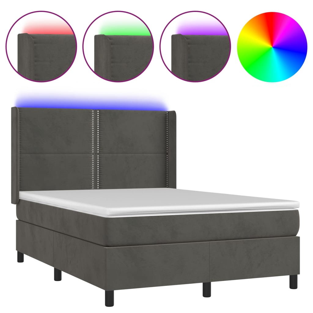 vidaXL Κρεβάτι Boxspring με Στρώμα & LED Σκ. Γκρι 140x190εκ. Βελούδινο