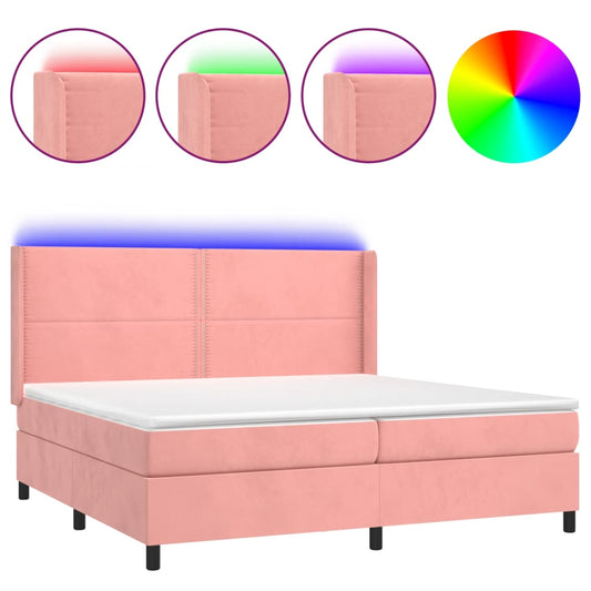 vidaXL Κρεβάτι Boxspring με Στρώμα & LED Ροζ 200x200 εκ. Βελούδινο